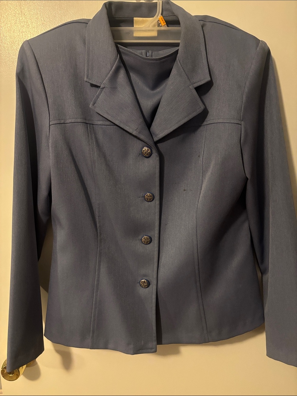 Vintage Mobwife 90s Women’s Slate Blue Tailored Button-Front Jacket Skirt Suit
